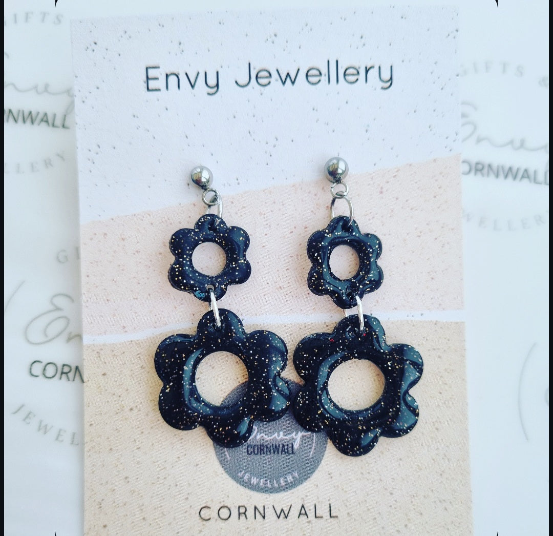 Black Sparkly Flower Drops