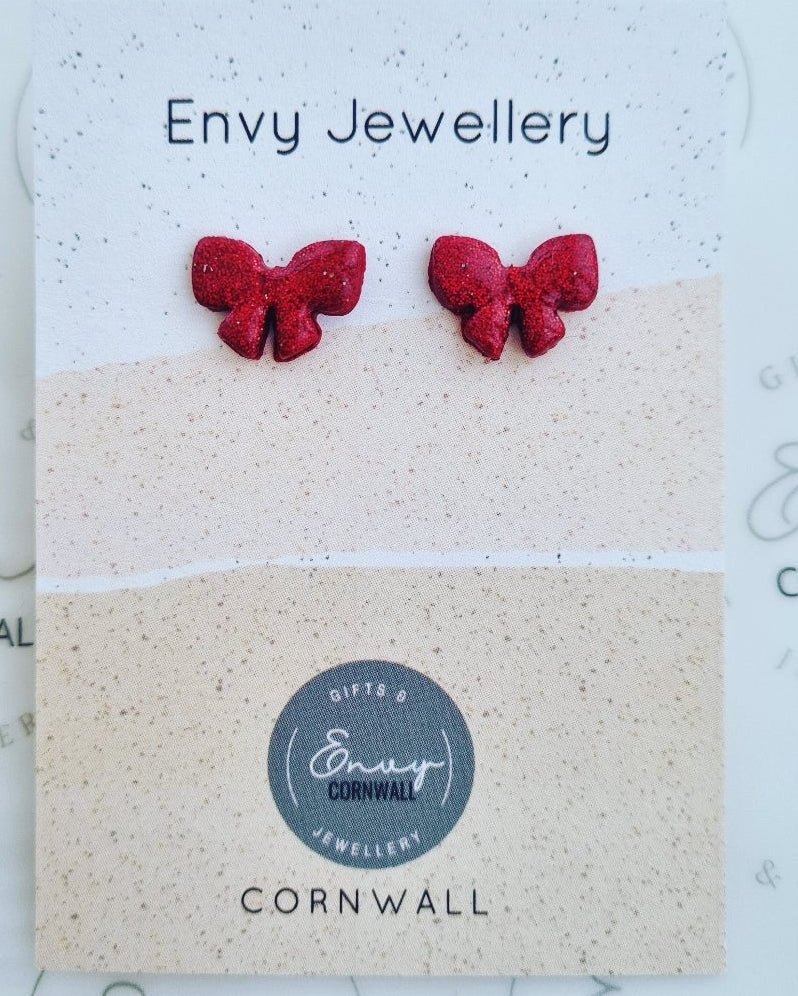 Burgundy Sparkly Bow Studs