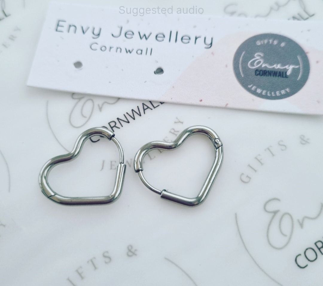 Stainless Steel Heart Huggie Hoops