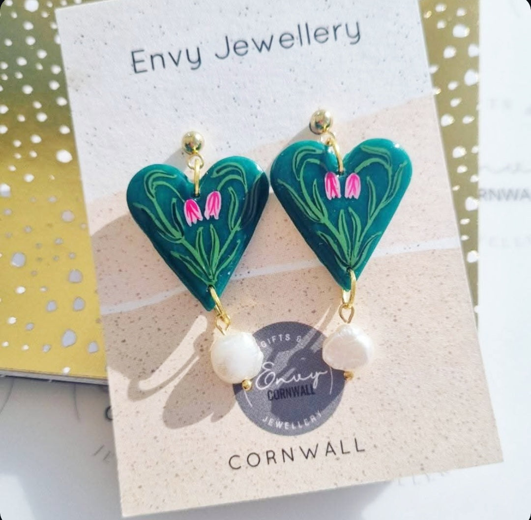Hand Painted Green Heart Pink Flowers