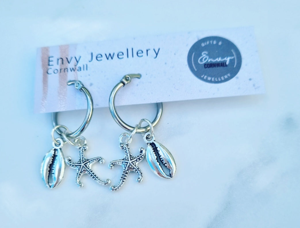 Starfish & Shell Silver Hoops