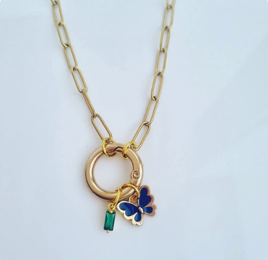 Navy Butterfly & Green Gem Charm Necklace