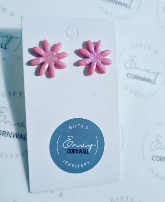 Sparkly Pink Flower Studs