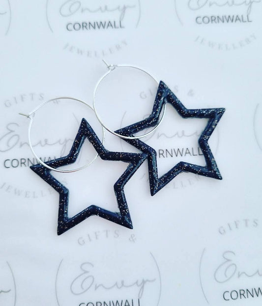 Black Sparkling Star Hoops
