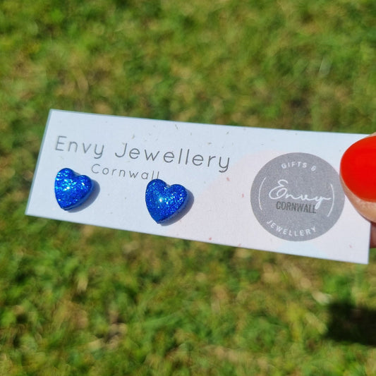 Blue Sparkly Heart Studs