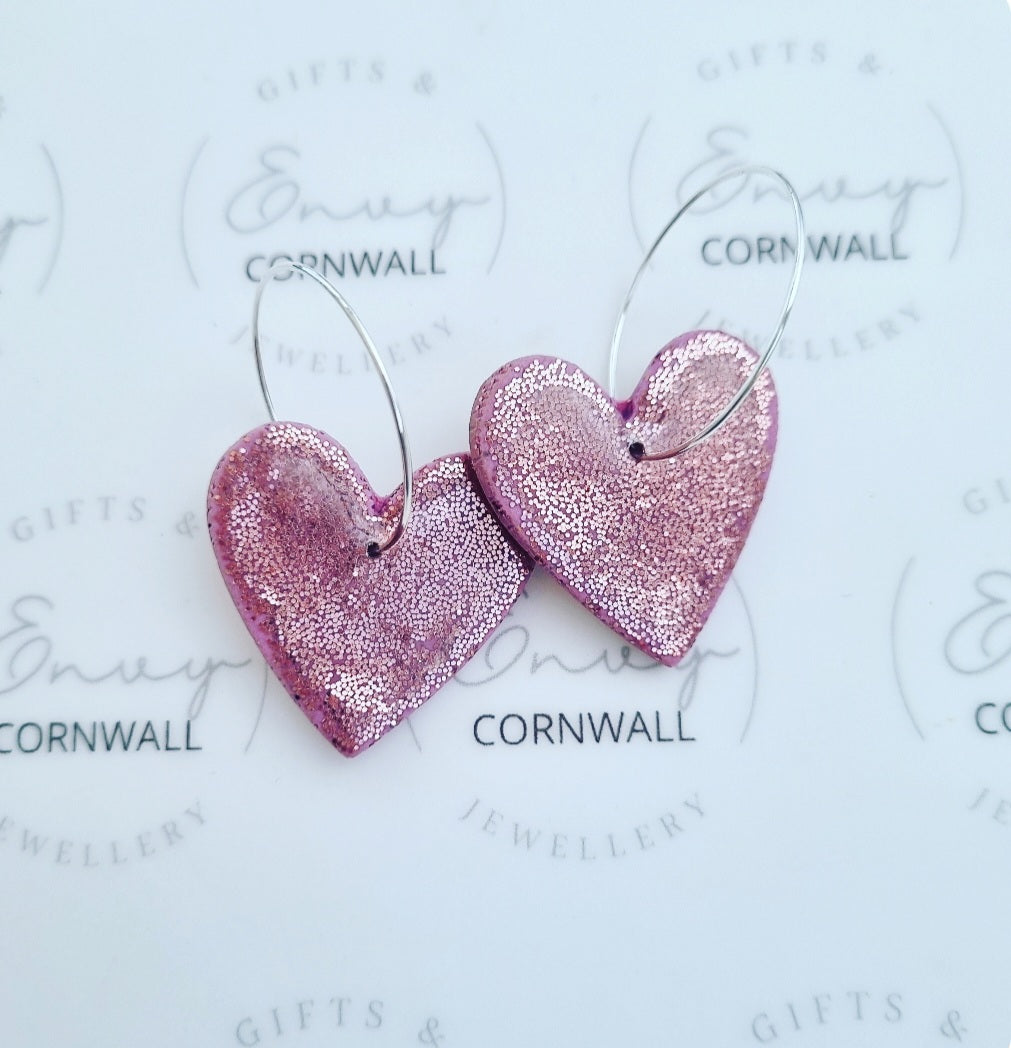 Pink Sparkly Heart Hoops