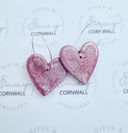 Pink Sparkly Heart Hoops
