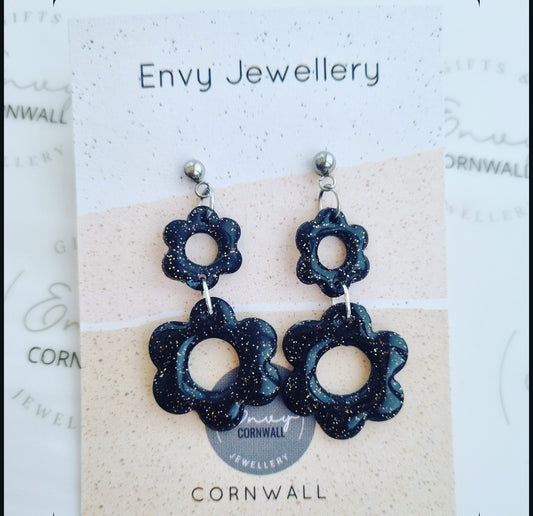 Black Sparkly Flower Drops