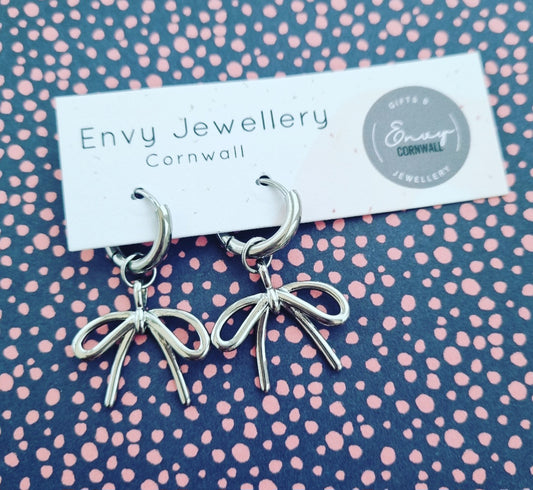 Bow Huggie Hoops Silver