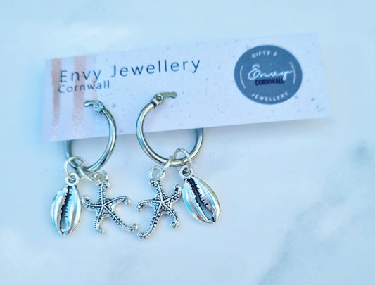 Starfish & Shell Silver Hoops